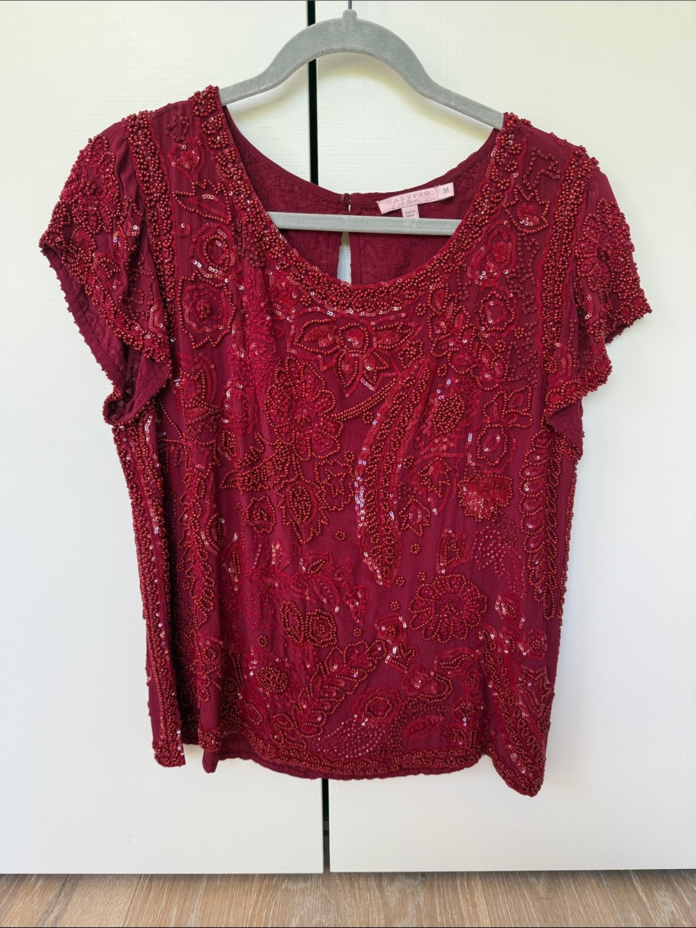 Calypso St. Barth Beaded Floral Burgundy Scoop-Neck Top